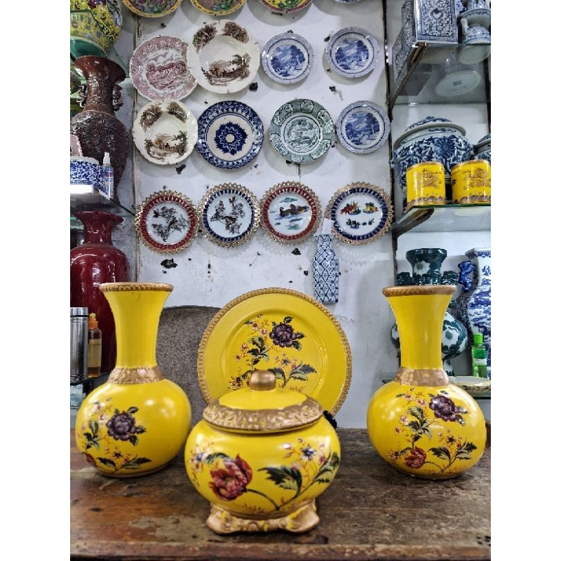 Vas keramik bunga set piring hias pajangan rumah