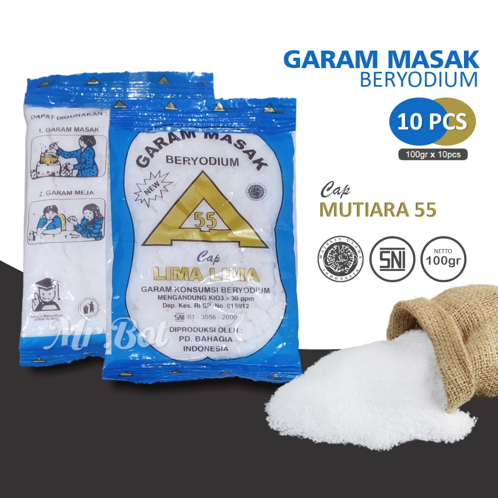 

10pc Garam Masak Halus Beryodium Halal Cap Mutiara Lima Lima Kemasan 100gr