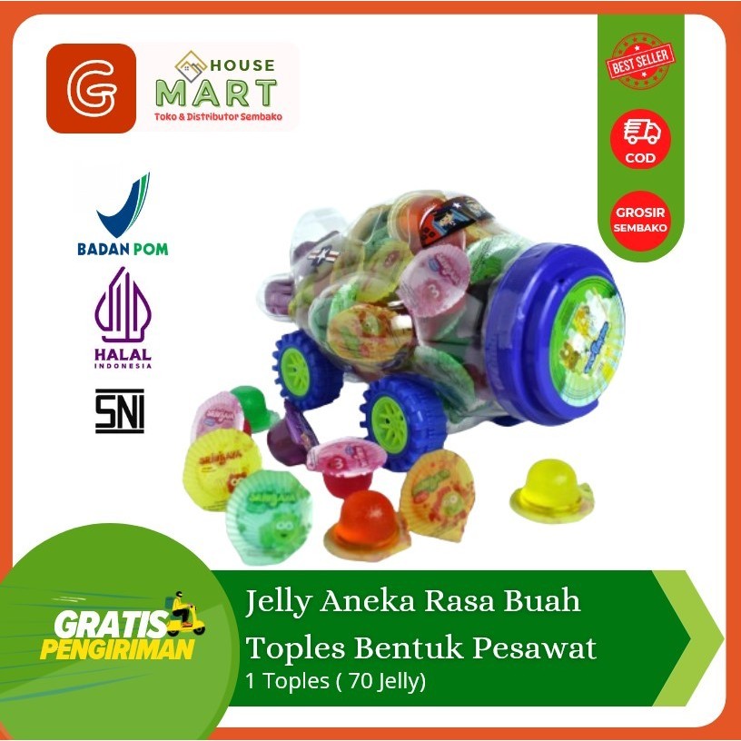 

[Grosir Jajanan Warung] Jelly Buah Aneka Rasa Dengan Toples Bentuk Pesawat - Snack Agar Saripati Sriwijaya Super Aneka Jelly - 1 Toples