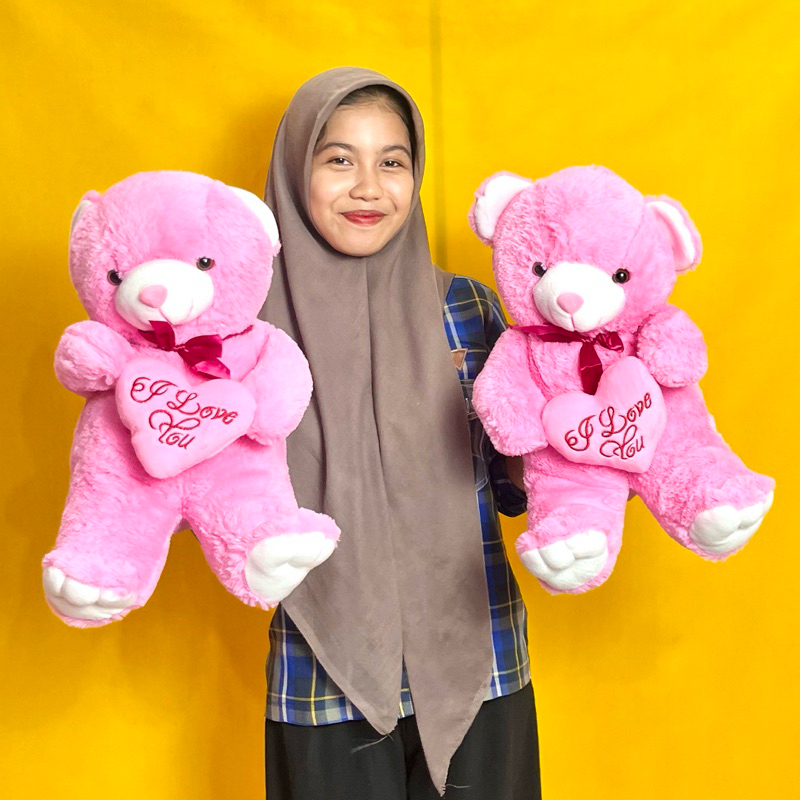 Boneka beruang teddy bear pink love duduk lucu boneka karakter bear love ecobonekaindo