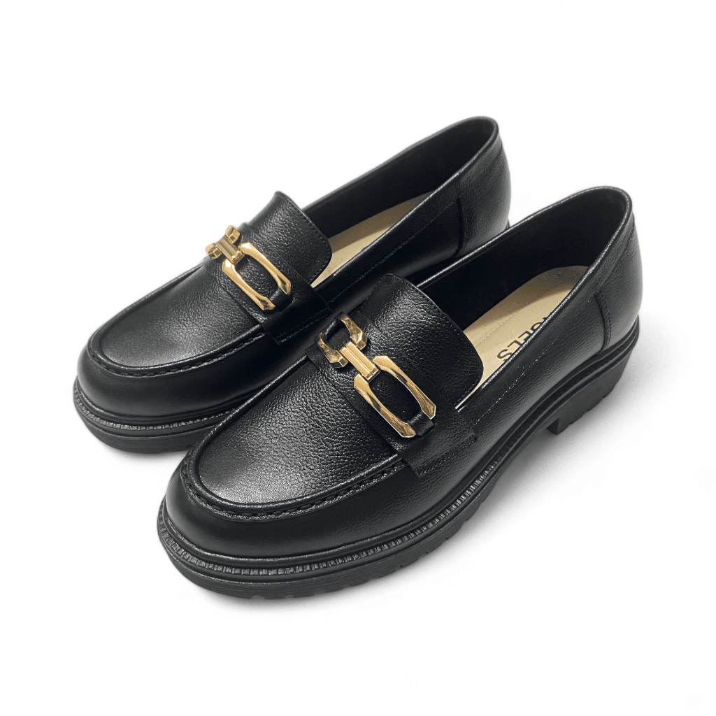 Sepatu Docmart Wanita Loafers Golden Belt Hitam Kulit Sapi Motif Seven Angel Shoes