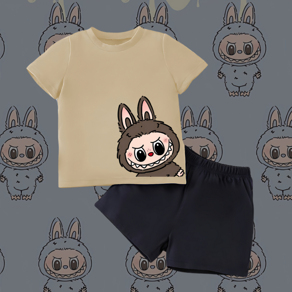 Setelan Anak Unisex The Monster Labubu Size Max 5 TH Kaos 3/4 Cewek Celana Pendek Harian Baju Anak S