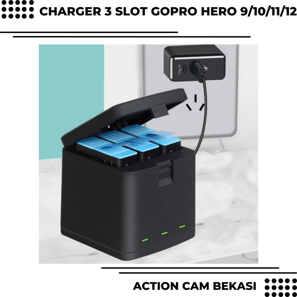 Charger 3 Slot Baterai Battery Batre Go Pro Hero 9 Hero 10 Hero 11 Hero 12