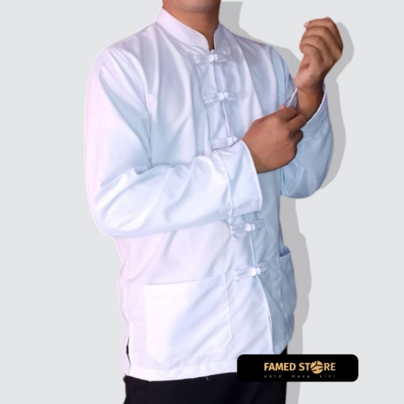 kemeja/koko cheongsam pria lengan panjang warna putih