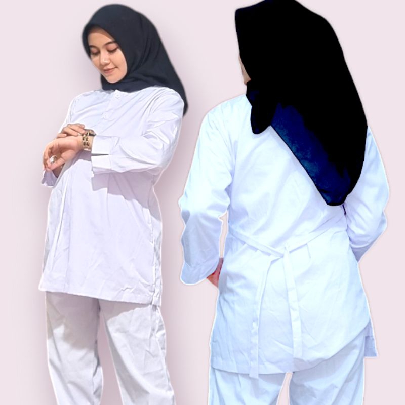 baju oka ibu hamil lengan panjang putih kancing busui  scrub  seragam medis