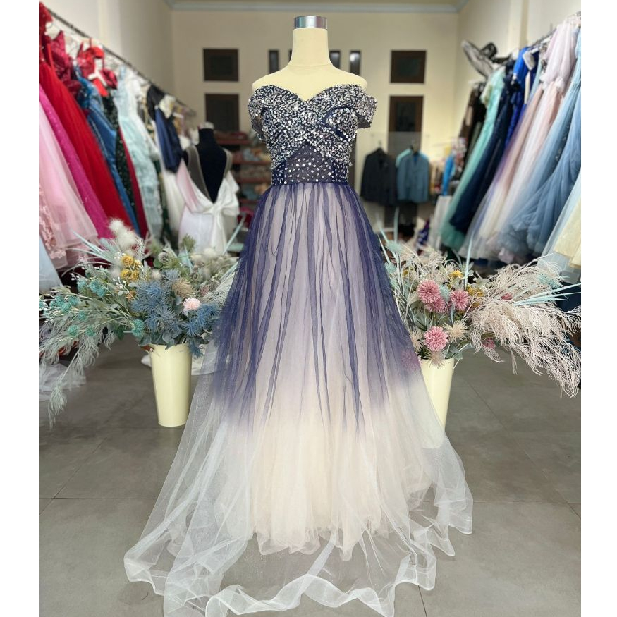 [FOR RENT] Gaun Pesta Sabrina Navy Blue / No Shoulders Party Dress NV-014