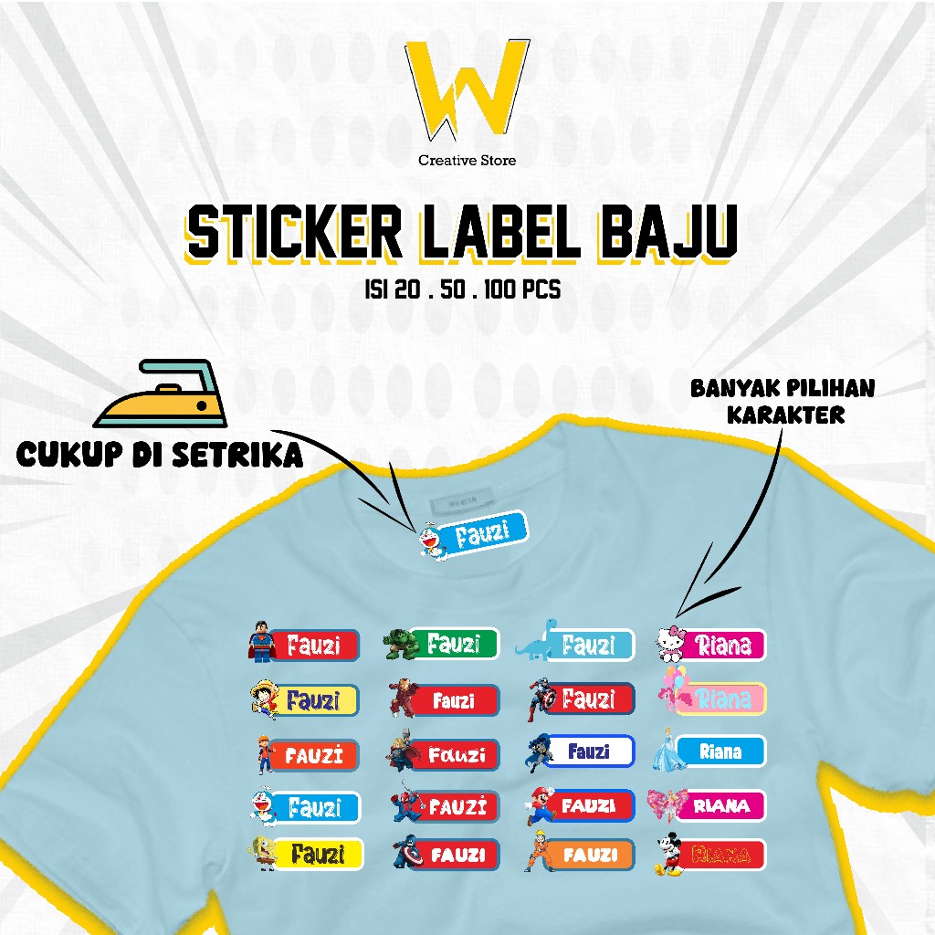 

Sticker Nama Label Printing Kain / Kaos Sablon Setrika DTF Premium Custom Nama Anak Karakter Lucu