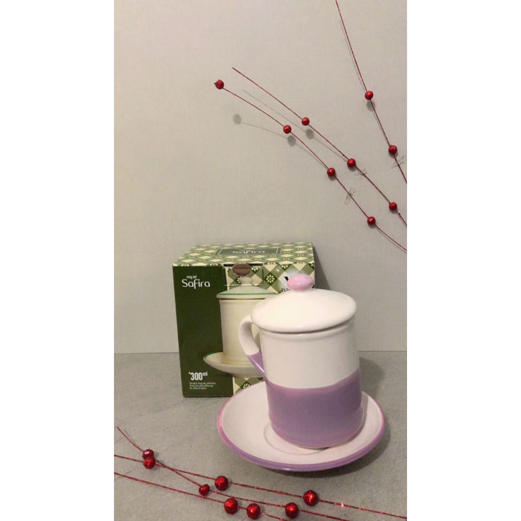 (MS013) Gelas Mug Keramik Tutup Safira Set / Mug, Tatakan, dan Tutup / Gelas Mug Set Hadiah