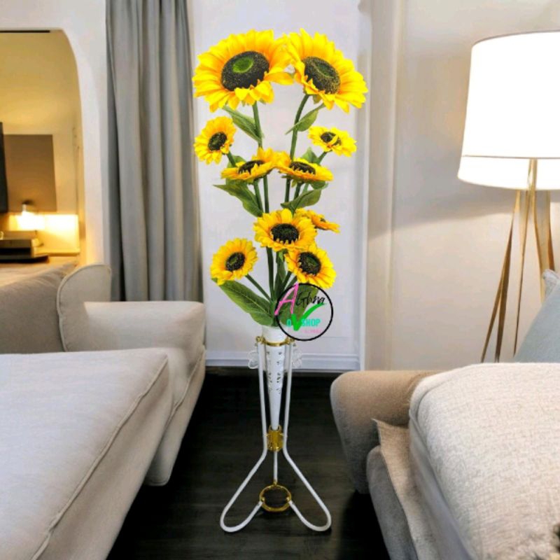 Bunga hiasan Sudut Ruangan Matahari Jumbo 10 kuntum Lengkap Dengan pot Standing Besi