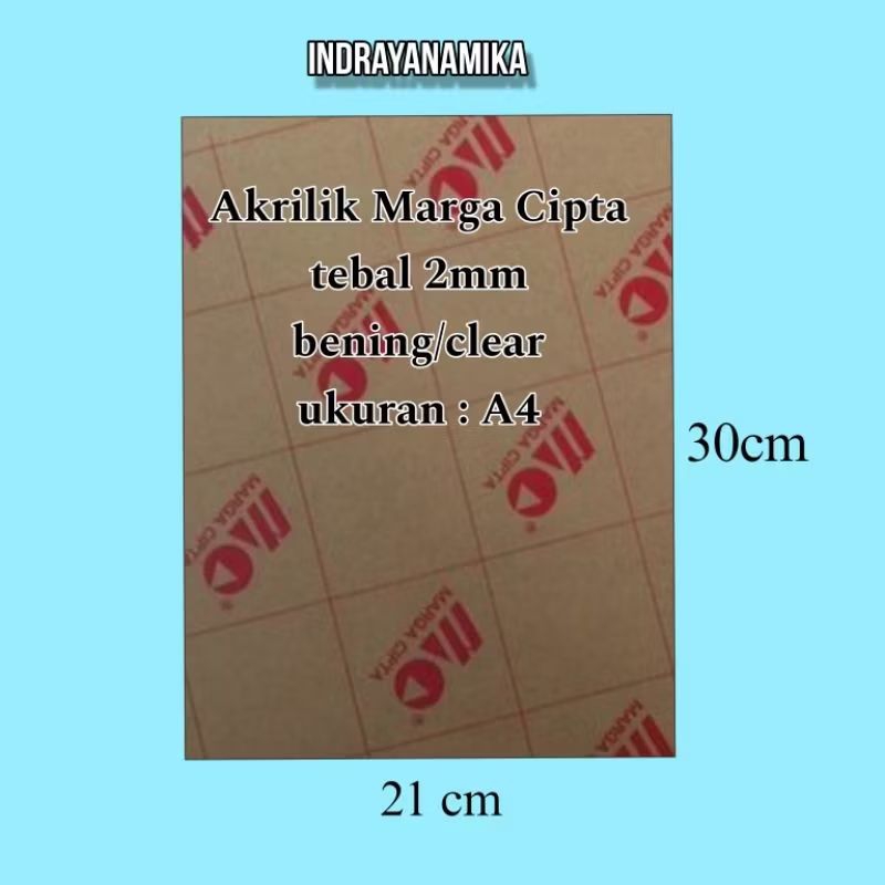 

Akrilik Marga Cipta bening/transparan tebal 2mm ukuran A4 ( 30x21 cm)