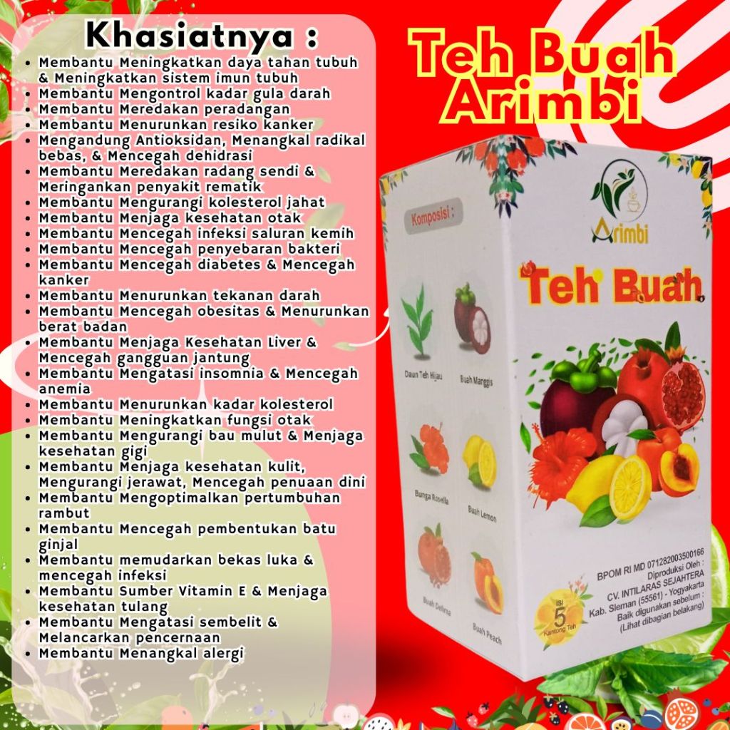 

Teh Buah Arimbi, Teh Arimbi, Teh Buah,Teh Buah Untuk Membantu Menjaga berat badan,Teh Buah Untuk Membantu memudarkan bekas luka,Teh Buah Untuk Membantu mencegah infeksi,Teh Buah Untuk Membantu Meningkatkan sistem imun tubuh,