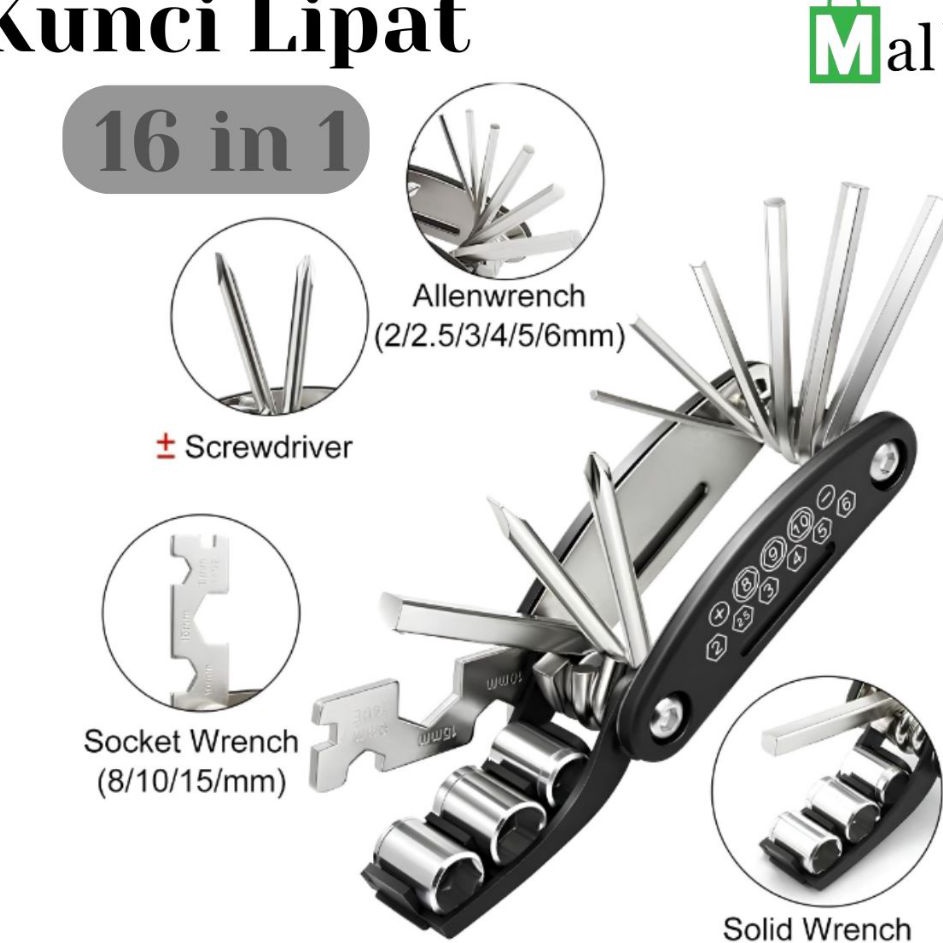 Memang Keren KLT16Kunci Sepeda Set 16 In 1 Toolkit Kunci Lipat Portable