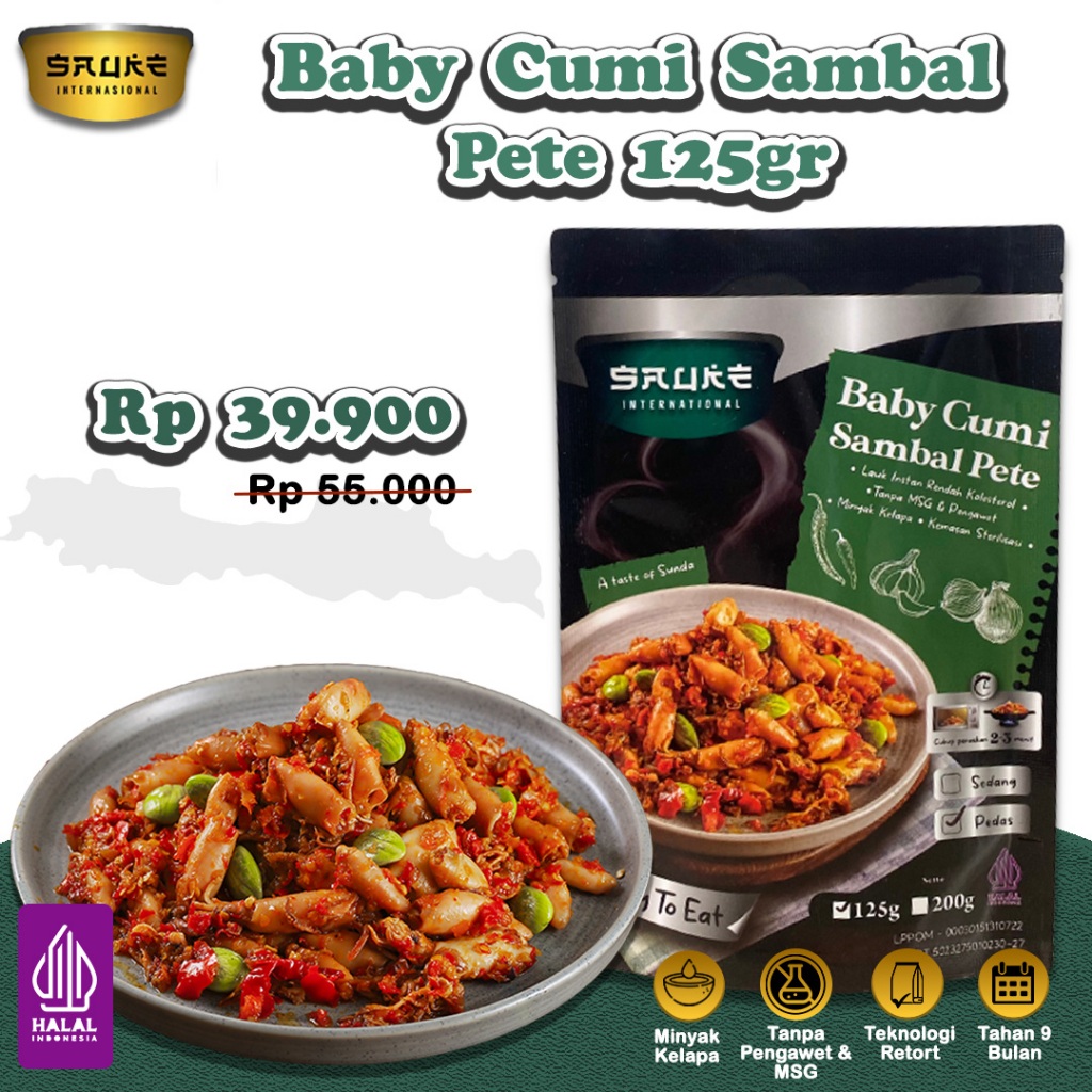 

SAUKE Baby Cumi Sambal Pete 125gr Lauk Siap Saji Rendah Kolesterol Tahan 9Bln Suhu Ruang No Pengawet