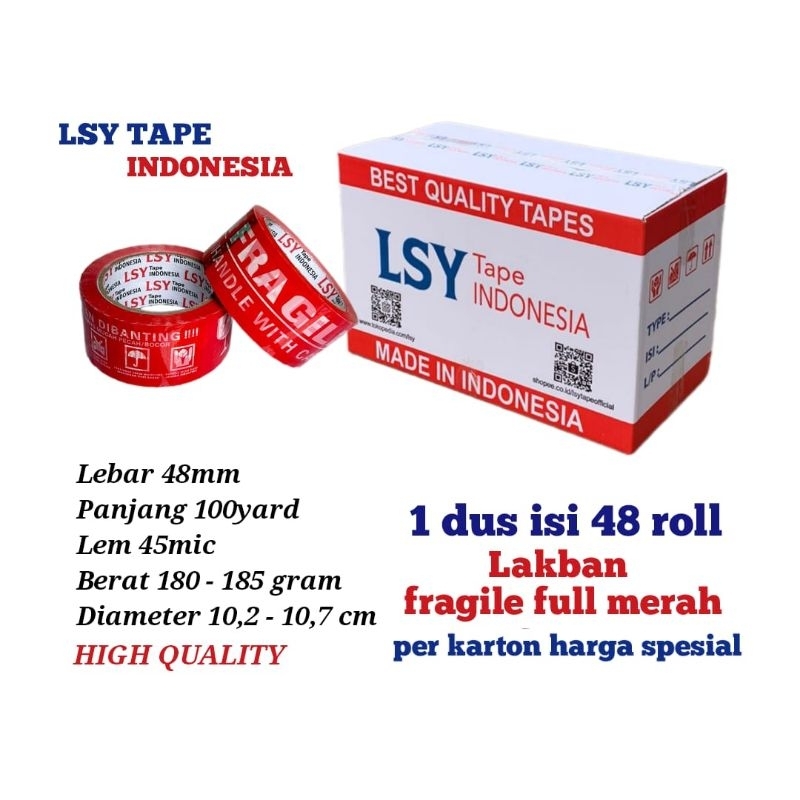

YEN lakban fragile full merah LSY TAPE 48mm x 100yard 1 dus isi 48 roll ( CMH )