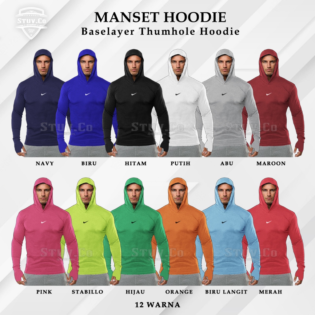 Manset Pria Thumbhole Hoodie Manset Longsleeve Baselayer Hoodie Olahraga Pria Wanita