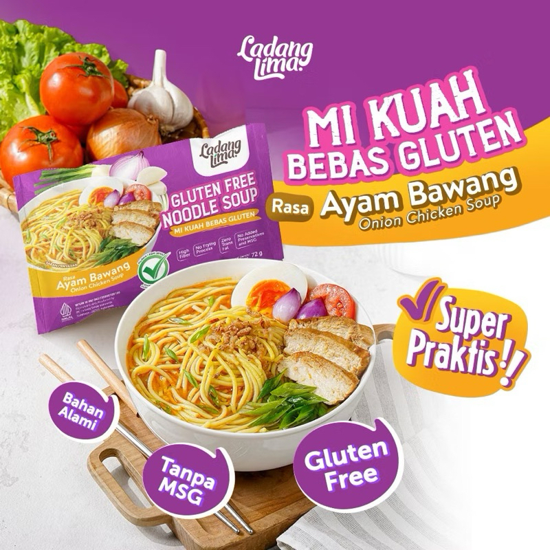 

Mie Gluten Free Ladang Lima - Rasa Ayam Bawang - Mi Kuah Sehat & Lezat - Mie Organic - Non MSG - Ori