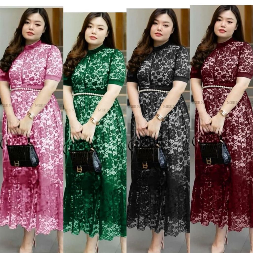 Dress Wanita Jumbo Bahan Brukat Lapis Furing XL XXL Baju Dres Longdress Brokat Pakaian Wanita Casual