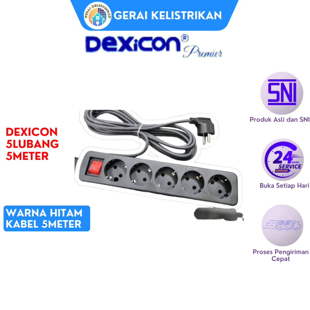 DEXICON 5LB 5M HITAM - STOP KONTAK 5LUBANG+KABEL 5METER WARNA HITAM