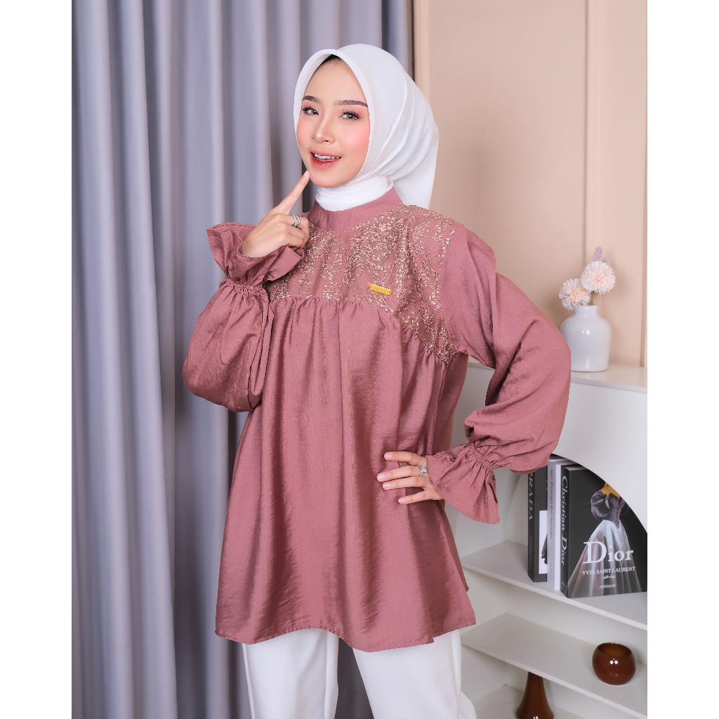 kemeja polo linen mix brukat maura oversize Blouse Atasan baju wanita dewasa brokat simple baju atas
