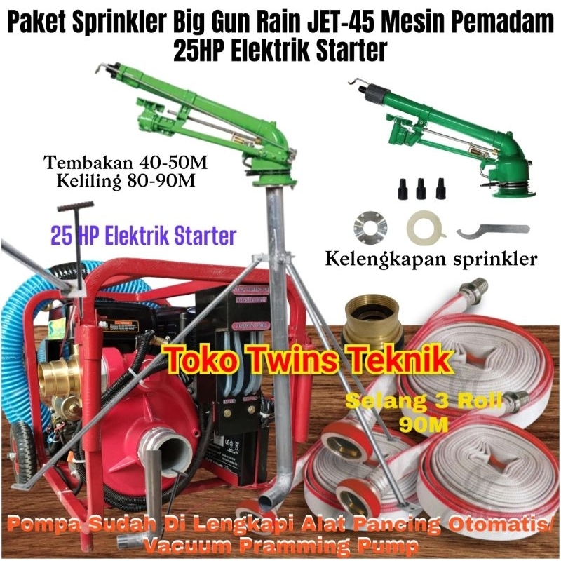 Paket Sprinkler JET-45 Selang 90M Mesin Pemadam 25HP Elektrik Starter Bensin Murni