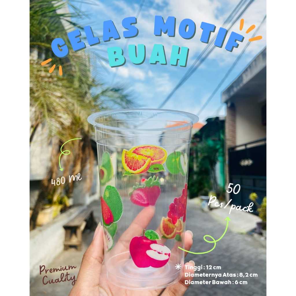 (Grosir) Gelas Plastik 16 oz EURO. dengan Motif Buah 50 Pcs untuk Minuman Es Teh Buah Ulang Tahun