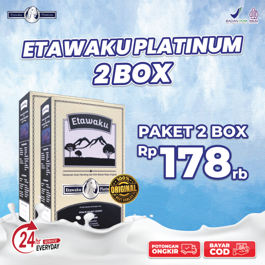 

Paket 2 Box Etawaku Platinum - Susu Kambing Etawa dan Krimer Nabati 100% Asli Original Untuk Atasi Nyeri Sendi Sesak Nafas Kesehatan Tulang dan Sendi Sehat Rendah Gula Teruji Klinis