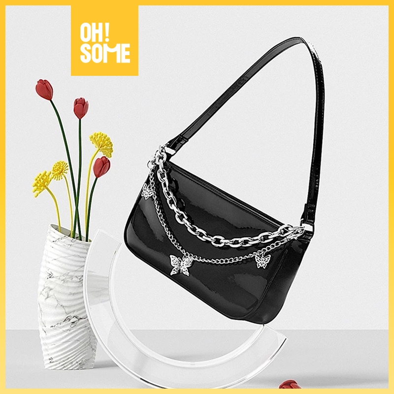 OHSOME -  JM Tas Bahu Wanita Kulit Hitam Motif Crocodile Pattern Butterfly Chain Shoulder Bag