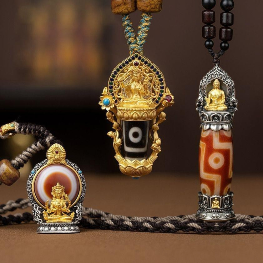 925Silver Dzi Bead Pendant Tibet Six Words Mantra Lucky Beads Pendant