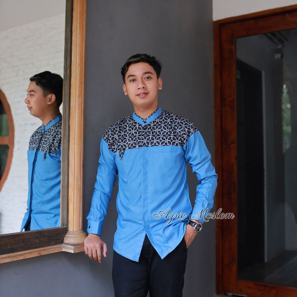 Baju Koko Pria Lengan Panjang Al qorni Motif Arjuna Kombinasi Batik Warna Biru Denim