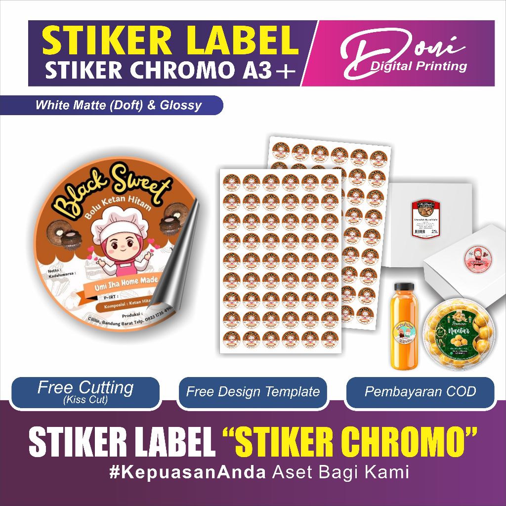 

Cetak Stiker Label Stiker Chromo A3+ Untuk Label Makanan dan Minuman Custom Desain Free Cutting Kiss Cut