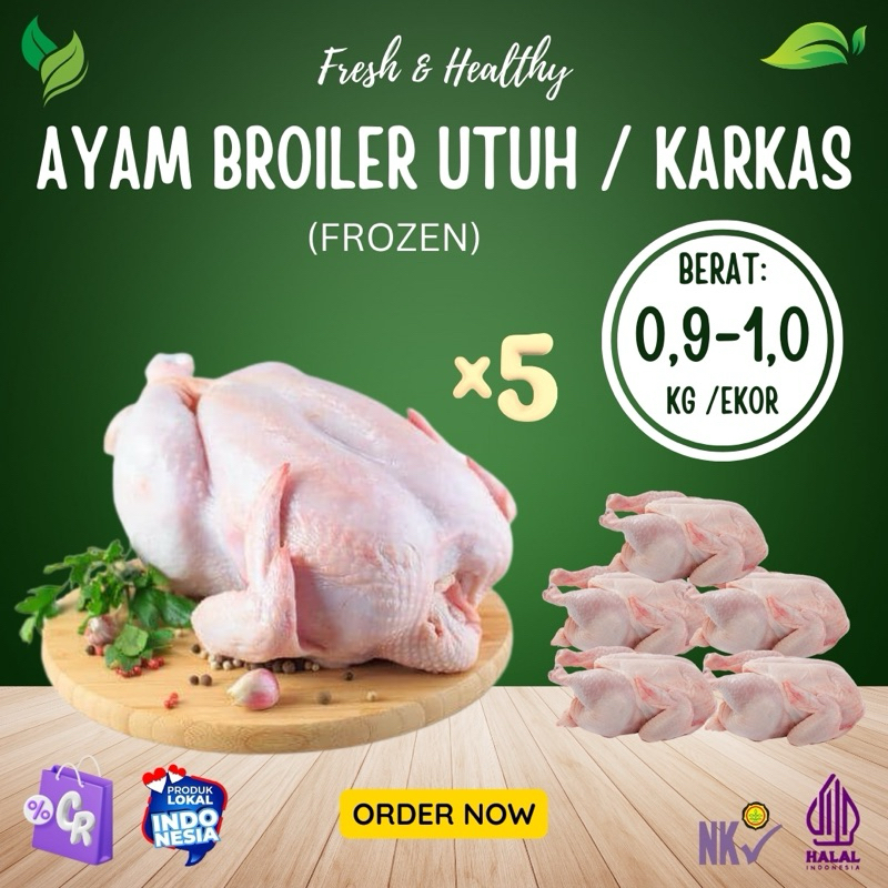 

Ayam Broiler Karkas / Ayam Utuh 0,9 - 1,0 kg (PAKET 5 EKOR)