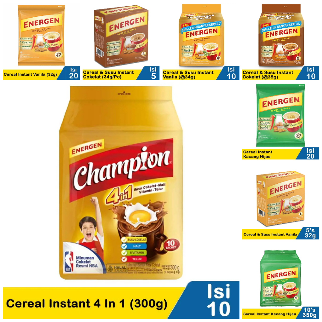 

Energen Varian Rasa Cereal Milk Vanila Chocolate Sereal Cokelat Vanilla Kacang Hijau Champion Halal