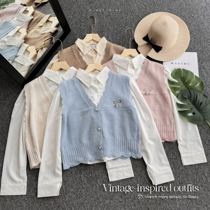 [SET ]RIBBON VEST CROP TOP | VEST RAJUT WANITA KOREA | KEMEJA KATUN WANITA LENGAN PANJANG POLOS