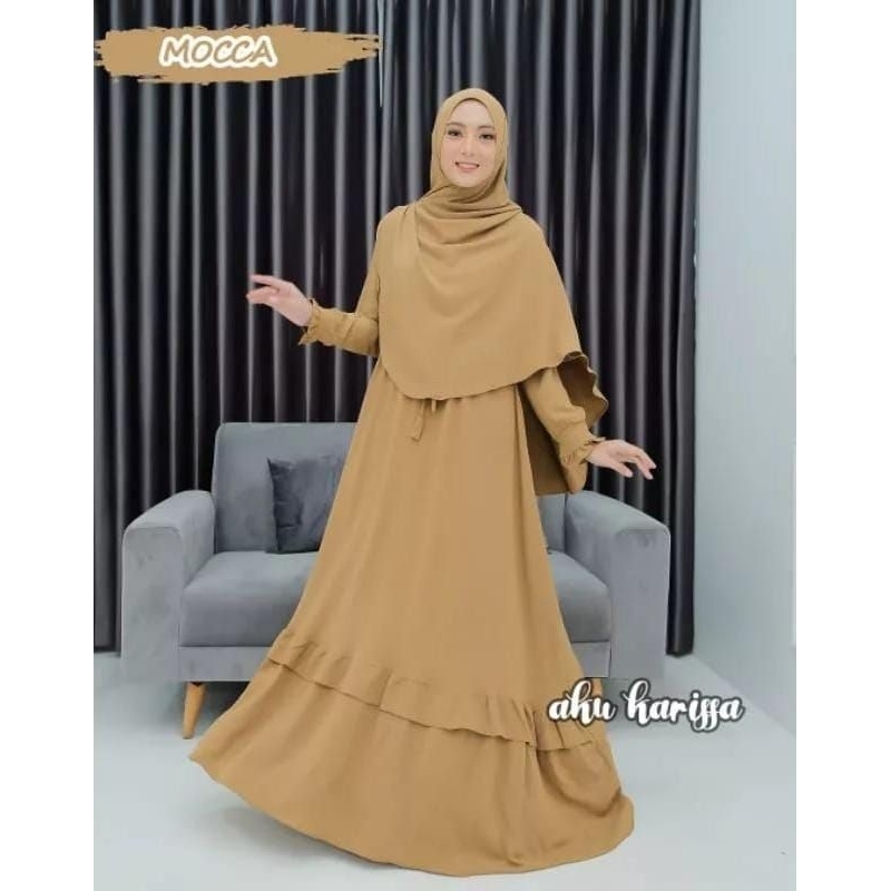 Gamis set khimar KHALINDRA KASANDRA original Aku Karissa cringkle itycrepe terbaru OOTD lebaran seri