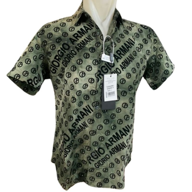 KEMEJA GIORGIO ARMANI FULL PRINT TEXT LOGO IN LIGHT GREEN,DARK GREEN,CREAM KEMEJA LENGAN PENDEK PRIA