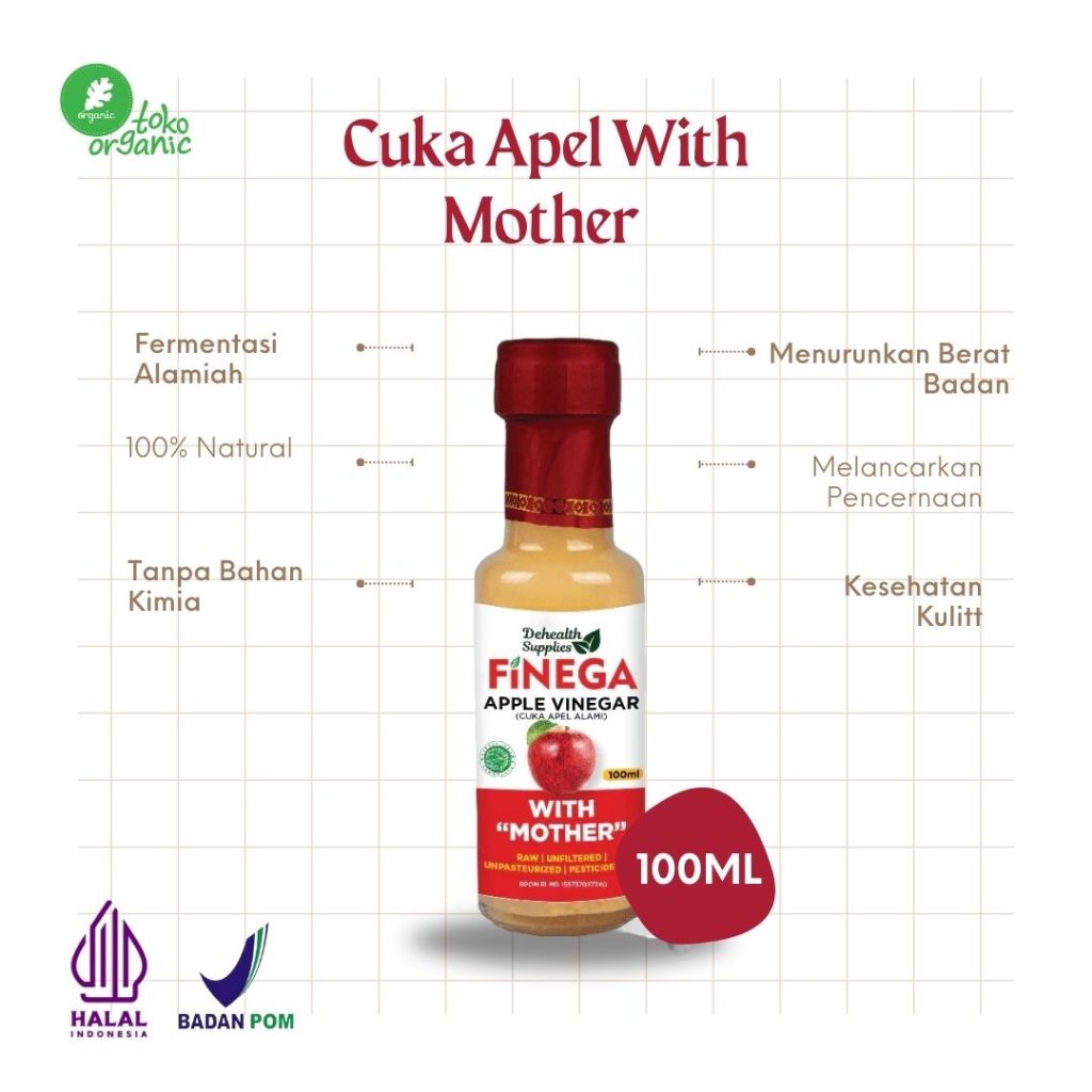 

Dehealth Supplies FINEGA CUKA APEL | Apel Vinegar Alami With Mother - 100ML