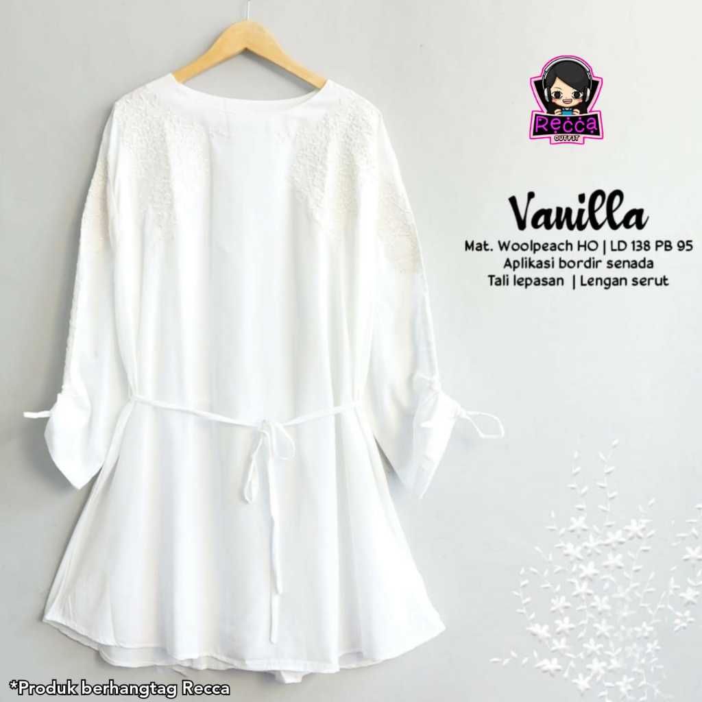Baju Atasan Tunik Wanita Putih Bordir Bunga LD 140 Vanilla Jumbo Bigsize Bahan Wolpeach Recca