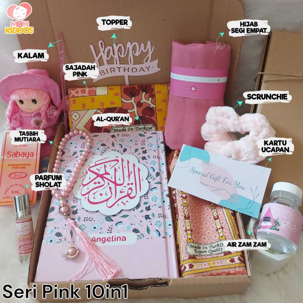 Hampers Quran Custom Pink Series Hijab Sajadah Tasbih Kado Cewek Wanita Muslimah Souvenir Kado Ulang