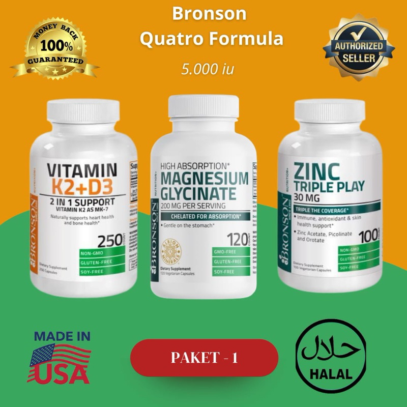 Bronson Quatro Formula Vitamin D3 K2 MK7-5000 IU 250 Capsule Magnesium Zinc