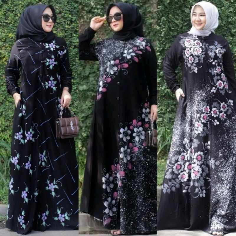 GAMIS TWILL ORI MOTIF BUNGA LUKIS WARNA HITAM
