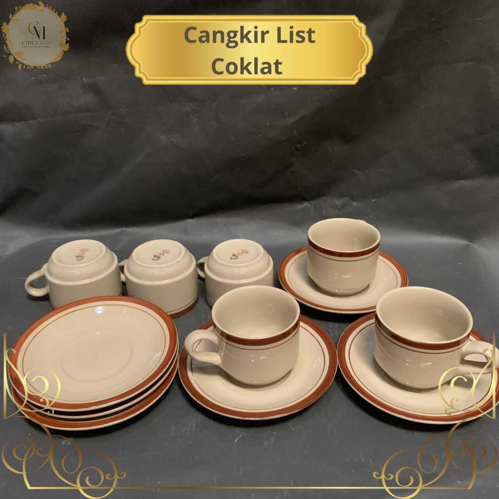 Cangkir Set Lepek List Coklat / Cangkir Kopi / Cangkir Set Keramik