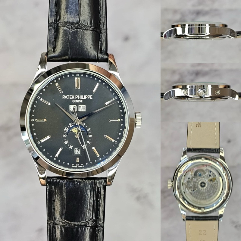 JAM TANGAN PRIA/COWOK PATEK PHILIPPE CALATRAVA ANUAL CALENDAR MOONPHASE BLACK SILVER AUTOMATIC JAPAN