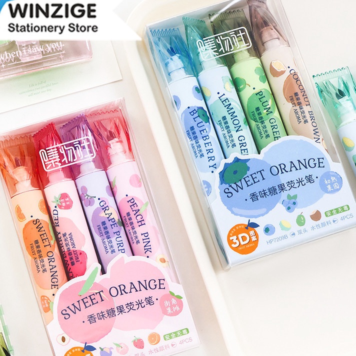 

KI3 Winze 4pcs Fruit Scented Hhlhter Stabilo Pastel Spidol Warna Warni Morandi Hhliter Dual Tip Lucu Journal Marker Pen Alat Tulis Stationery