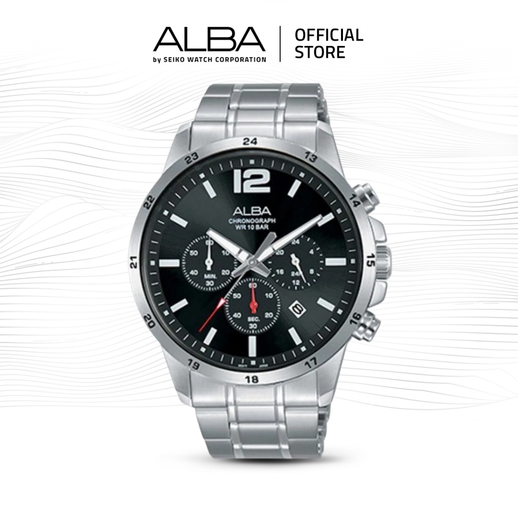Alba Active Jam Tangan Pria Chronograph AT3E81 / AT3E81X1 Quartz Black Dial Stainless Steel Strap Wa