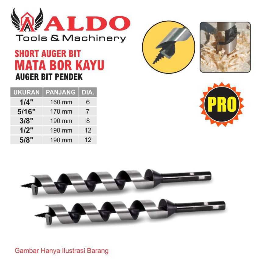 MATA BOR KAYU PENDEK AUGER BIT PRO / SHORT AUGER BIT PRO MERK ALDO