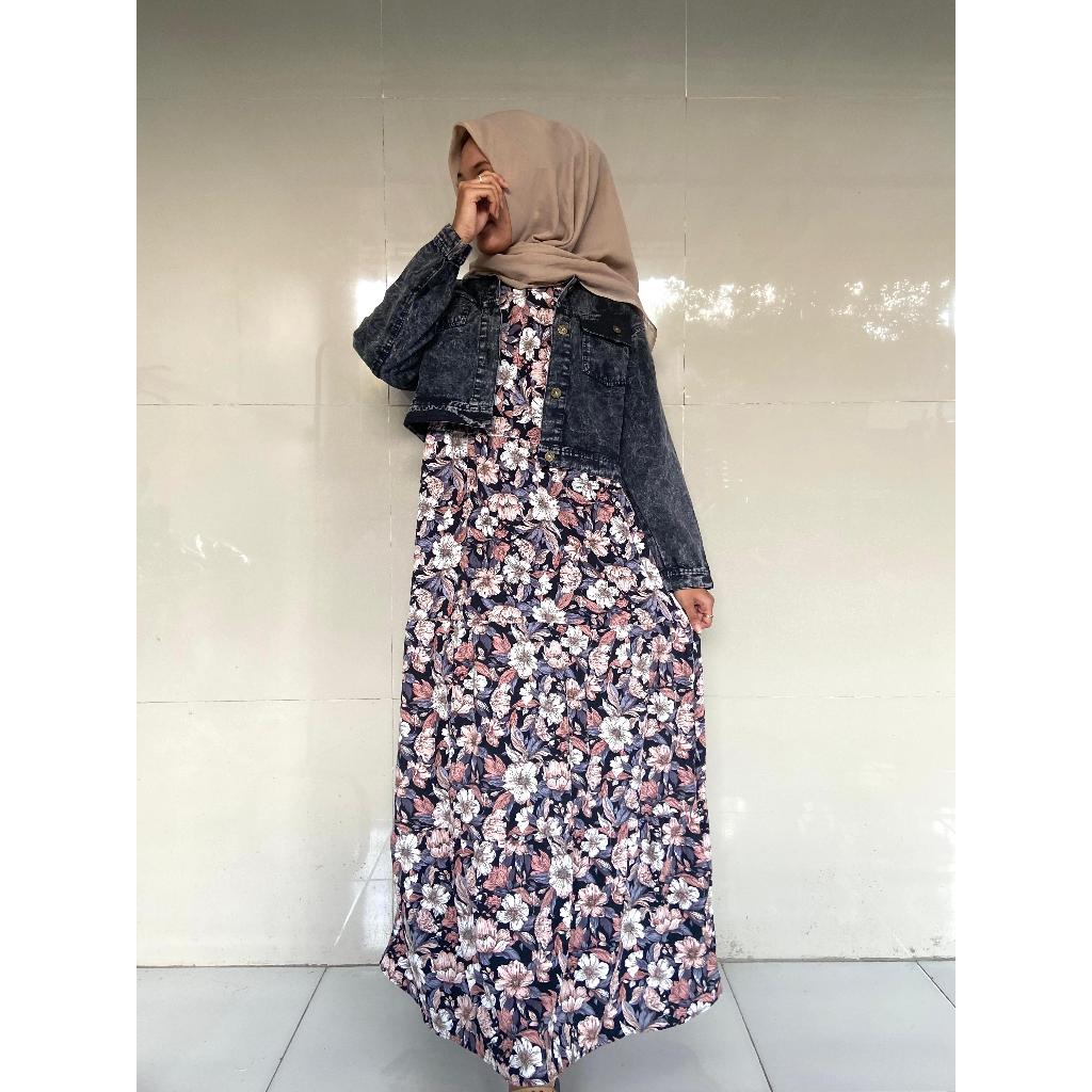 SET INNER BUNGA BEBE ISLAND || SET DRESS JAKET JEANS BUSUI FRIENDLY KAIN CRINKLE AIRFLOW MOTIF BUNGA