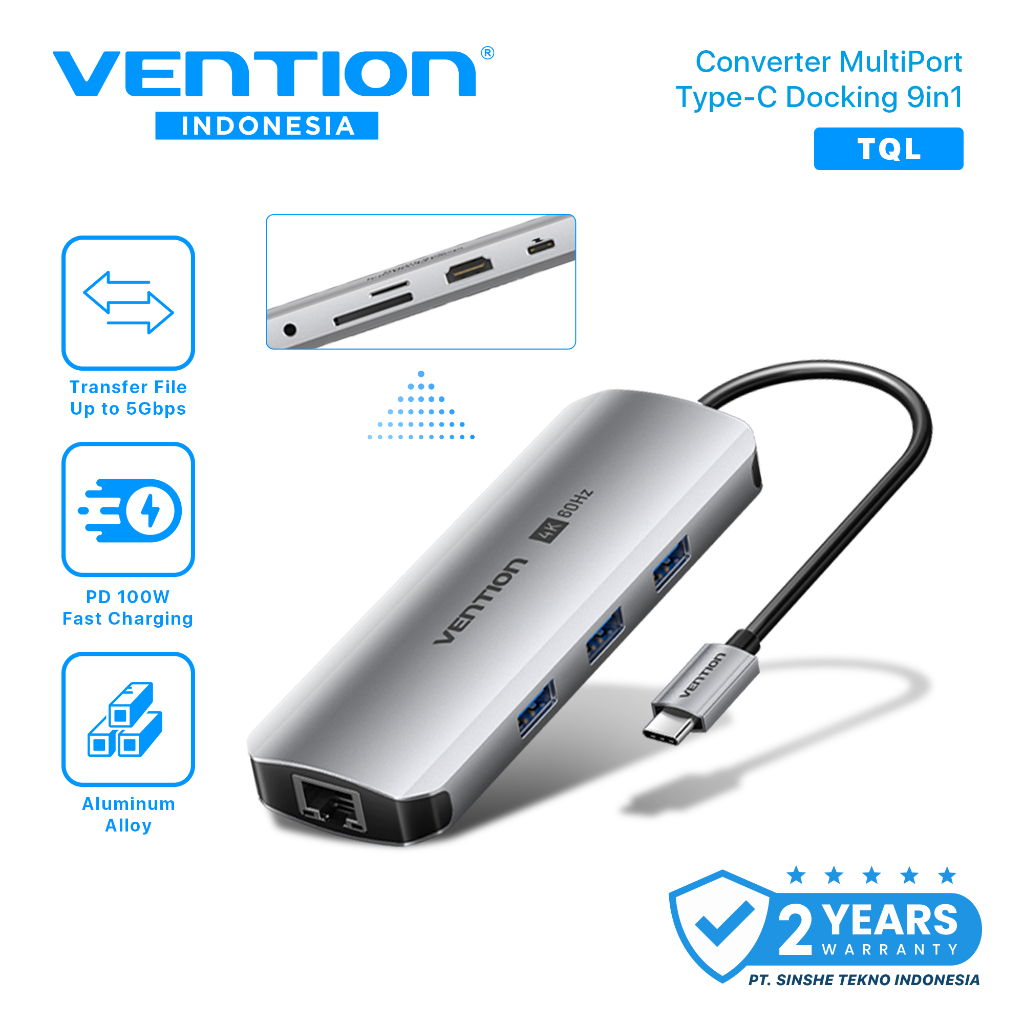 Vention TQL Multiport Hub Type C to HDMI USB 3.0 TF SD PD LAN RJ45 Aux 3.5mm TRRS