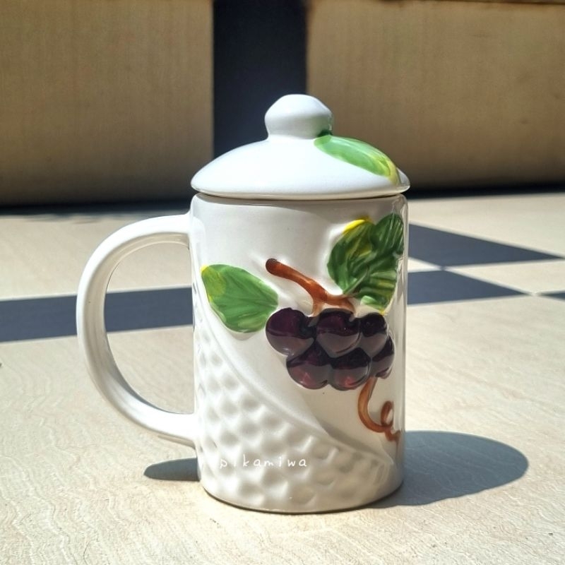 MUG KERAMIK TUTUP FRUITY WHITELINE mug keramik lucu mug tutup mug minum mug keramik kuping tutup
