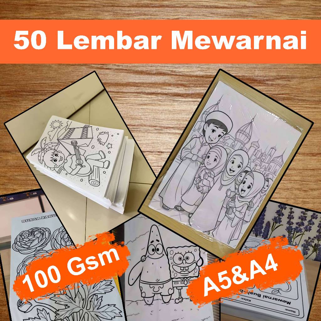 

Paket 50 lembar mewarnai anak Paud/TK/SD Kertas A5 / A4 100 Gsm