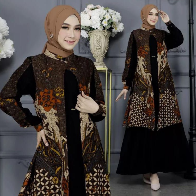 GAMIS KONDANGAN BATIK  DRESS PAKAIAN WANITA  GAMIS KOMBINASI POLOS  MODEL TERPISAH DENGAN MOTIF BATI
